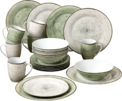 24tlg. Kombiservice Pur 6Pers Kaffeebecher Müslischale Kuchenteller + Speiseteller Flach Porzellan