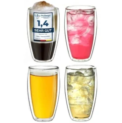 Creano Doppelwandiges Thermoglas 400ml „DG-SH“, Großes Doppelwandglas Aus Borosilikatglas, Doppelwandige Kaffeegläser, Teegläser, Latte Gläser 4er Set