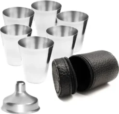 Outdoor Saxx® - 8-Teiliges Edelstahl-Becher Set, 6 Unzerbrechliche Schnaps-Becher, Schnaps-Gläser Aus Metall, Metall-Becher Mit Einfüll-Trichter Und Leder-Tasche, Ideales Flachmann-Zubehör -Leonardo Verkäufe 2e9508b6198bd8338a3f9dda89430a3d