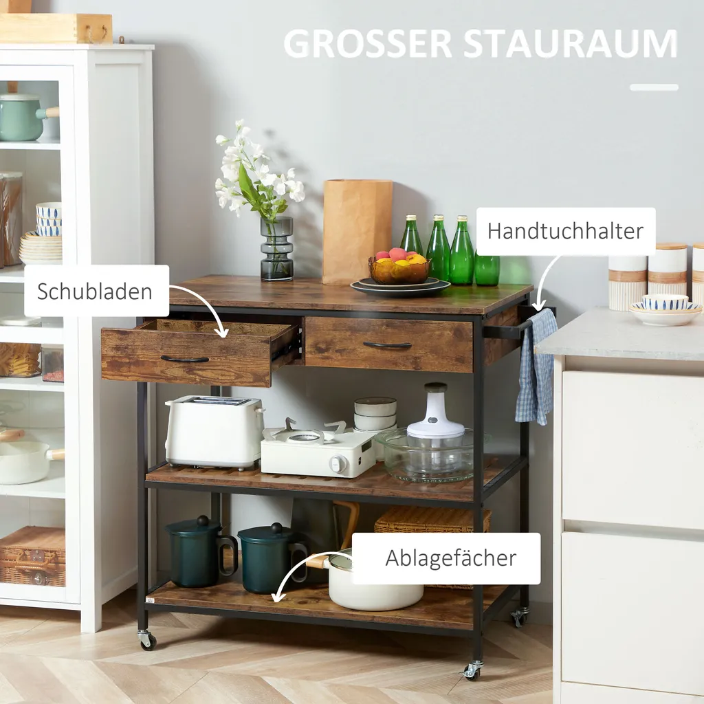 HOMCOM Küchenwagen Auf Rollen, Servierwagen Mit 2 Schubladen Und 2 Regalen, Küchentrolley Mit Arbeitsplatte, Rollwagen, Beistellwagen Im Industriedesign, Braun+Schwarz, 100 X 50 X 93 Cm 4 HOMCOM Küchenwagen Auf Rollen, Servierwagen Mit 2 Schubladen Und 2 Regalen, Küchentrolley Mit Arbeitsplatte, Rollwagen, Beistellwagen Im Industriedesign, Braun+Schwarz, 100 X 50 X 93 Cm – Bild 4