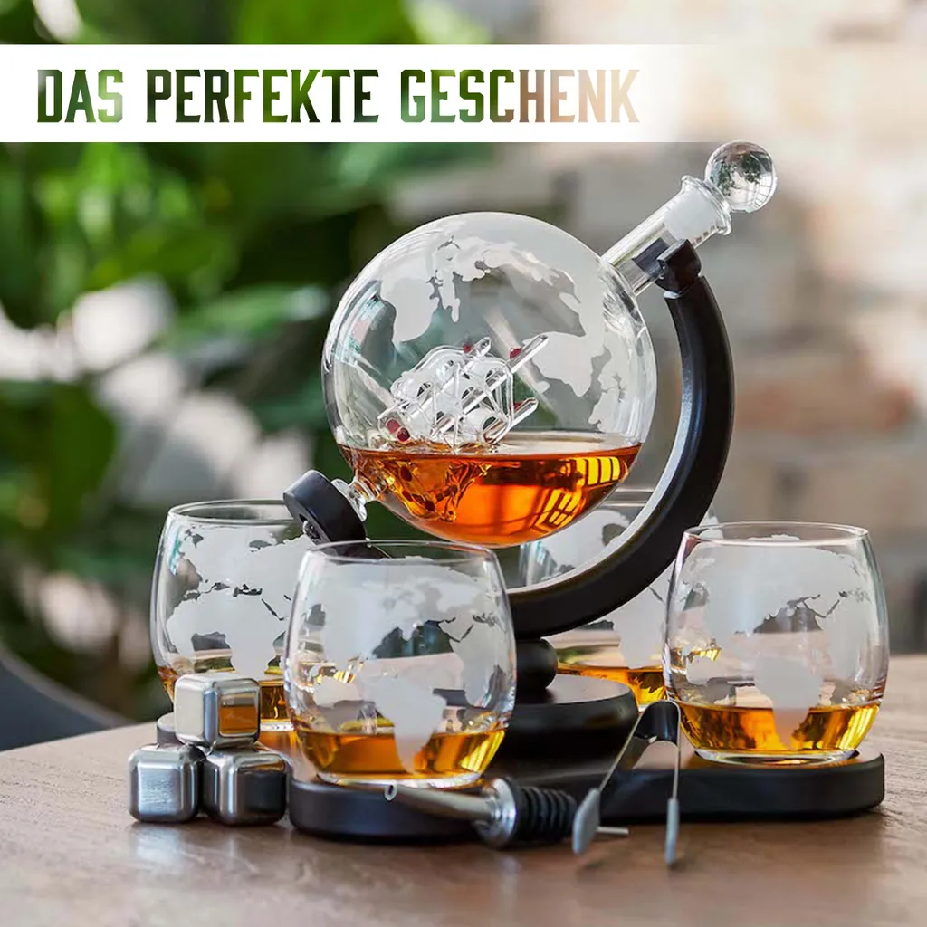 Whisiskey - Whisky Karaffe - Geschenke Für Männer - Komplette Whiskey Set - Globus - 900ML – Inkl. 4 Whisky Steine, 4 Whisky Gläser & Ausgießer - Whisky Dekanter – Whiskygläser - Natursteine 3 Whisiskey - Whisky Karaffe - Geschenke Für Männer - Komplette Whiskey Set - Globus - 900ML – Inkl. 4 Whisky Steine, 4 Whisky Gläser & Ausgießer - Whisky Dekanter – Whiskygläser - Natursteine – Bild 3