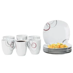 Leonardo Verkäufe 45 Frühstücksset Palazzo 12tlg. - 6 Teller á 19cm Und 6 Becher á 33cl Aus Weißem Porzellan MitNachbildung-Kreisen In Grau Und Dunkelrot - Für 6 Personen