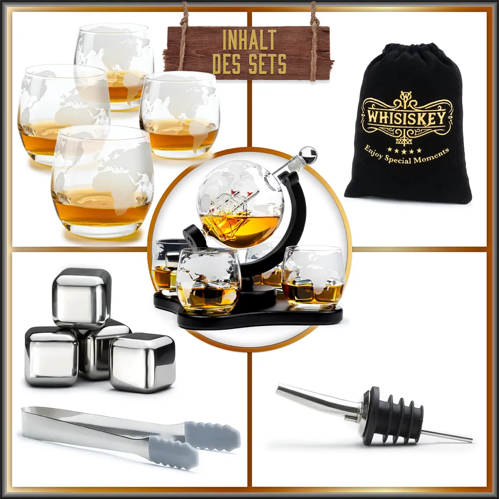 Whisiskey - Whisky Karaffe - Geschenke Für Männer - Komplette Whiskey Set - Globus - 900ML – Inkl. 4 Whisky Steine, 4 Whisky Gläser & Ausgießer - Whisky Dekanter – Whiskygläser - Natursteine 7 Whisiskey - Whisky Karaffe - Geschenke Für Männer - Komplette Whiskey Set - Globus - 900ML – Inkl. 4 Whisky Steine, 4 Whisky Gläser & Ausgießer - Whisky Dekanter – Whiskygläser - Natursteine – Bild 7