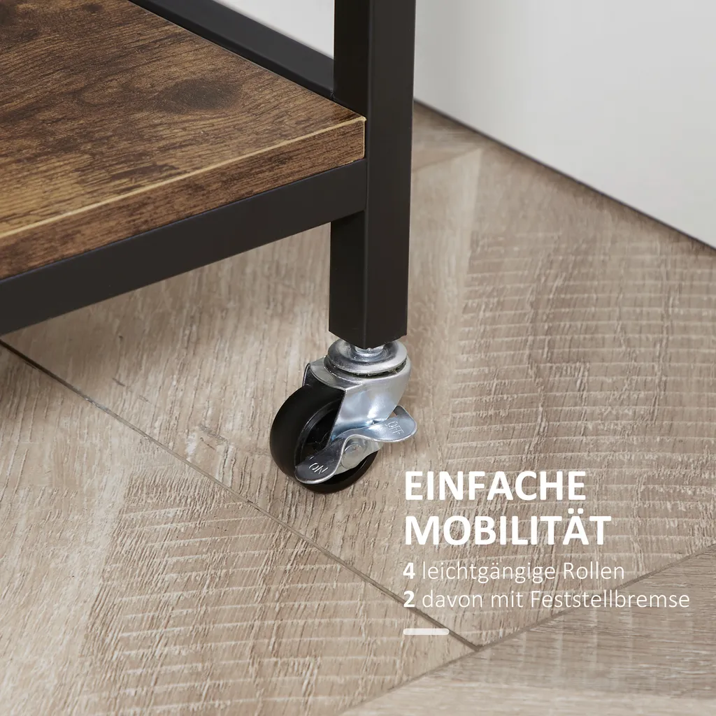HOMCOM Küchenwagen Auf Rollen, Servierwagen Mit 2 Schubladen Und 2 Regalen, Küchentrolley Mit Arbeitsplatte, Rollwagen, Beistellwagen Im Industriedesign, Braun+Schwarz, 100 X 50 X 93 Cm 5 HOMCOM Küchenwagen Auf Rollen, Servierwagen Mit 2 Schubladen Und 2 Regalen, Küchentrolley Mit Arbeitsplatte, Rollwagen, Beistellwagen Im Industriedesign, Braun+Schwarz, 100 X 50 X 93 Cm – Bild 5