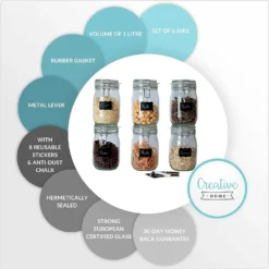6 X Creative Home Gläser Mit Bügelverschluss | 1 Liter | Einmachgläser Drahtbügel-glas Aufbewahrungsgläser Mit Gummiring Und Deckel | 8 Wiederverwendbare Aufkleber + 1 Anti-Staub-Kreide -Leonardo Verkäufe 6c8742ae18b7b5eb680c2c925d1634ba