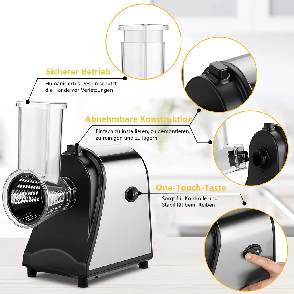 5 In 1 Elektrischer Gemüsehobel, 250W Automatische Gemüsereibe Mit 5 Kegel-Klingen, Edelstahl Gemüseschneider, Multifunktionsreibe Gemüse Raspel Für Obst Gemüse 7 5 In 1 Elektrischer Gemüsehobel, 250W Automatische Gemüsereibe Mit 5 Kegel-Klingen, Edelstahl Gemüseschneider, Multifunktionsreibe Gemüse Raspel Für Obst Gemüse – Bild 7