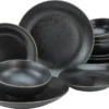 CreaTable 22707 Tafelservice Industrial Gold BLACK Für 4 Personen, Steinzeug, Schwarz (1 Set, 12-teilig)