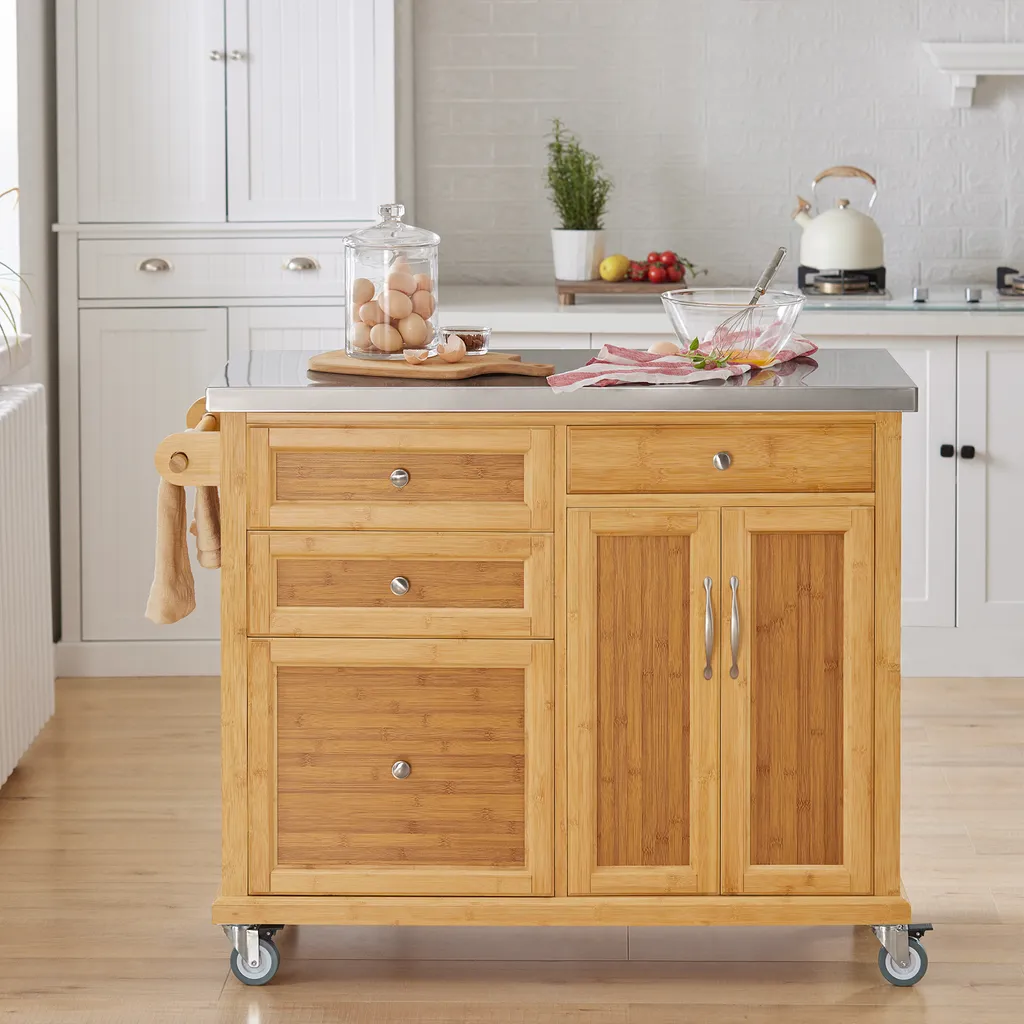 SoBuy FKW70-N Küchenwagen Servierwagen Kücheninsel Küchenschrank Aus Bambus Mit Edelstahlarbeitsplatte BHT Ca.: 115x92x46cm 2 SoBuy FKW70-N Küchenwagen Servierwagen Kücheninsel Küchenschrank Aus Bambus Mit Edelstahlarbeitsplatte BHT Ca.: 115x92x46cm – Bild 2