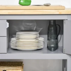 HOMCOM Küchenwagen Rollbar Servierwagen Standregal Küchentrolley Schrank Mit Schublade Bodenregal Handtuchhalter Für Küche Esszimmer Gummiholz MDF Grau+Natur 108 X 45 X 89 Cm -Leonardo Verkäufe 922e038fdc6c2907c1525ef33d8cc858