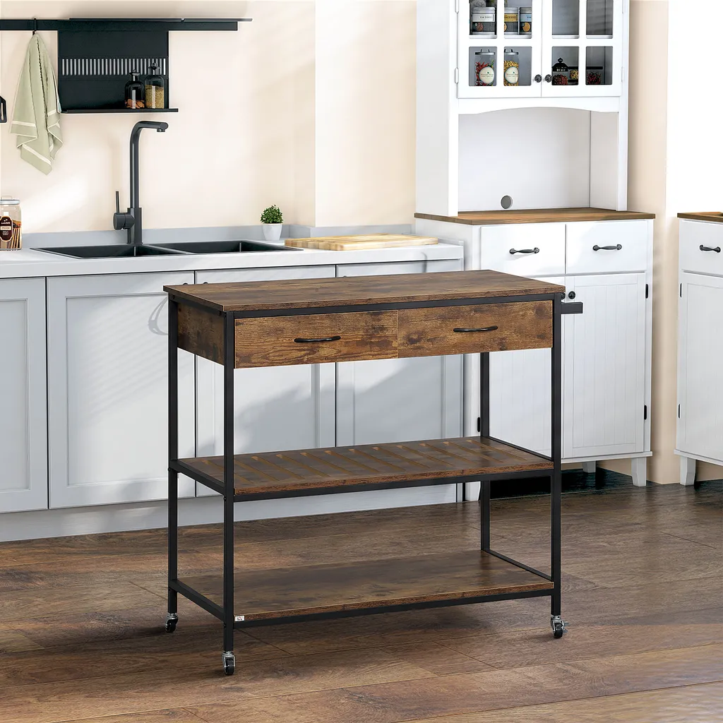 HOMCOM Küchenwagen Auf Rollen, Servierwagen Mit 2 Schubladen Und 2 Regalen, Küchentrolley Mit Arbeitsplatte, Rollwagen, Beistellwagen Im Industriedesign, Braun+Schwarz, 100 X 50 X 93 Cm 2 HOMCOM Küchenwagen Auf Rollen, Servierwagen Mit 2 Schubladen Und 2 Regalen, Küchentrolley Mit Arbeitsplatte, Rollwagen, Beistellwagen Im Industriedesign, Braun+Schwarz, 100 X 50 X 93 Cm – Bild 2