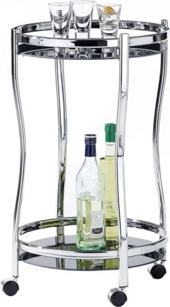 Servierwagen, Schöner Beistellwagen Rund, Praktischer Servicewagen 2 Sicherheitsglasböden In Schwarz, Eleganter Teewagen Mit Metallgestell Verchromt
