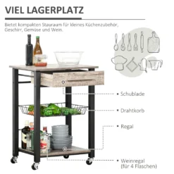 HOMCOM Küchenwagen Küchenrollwagen Servierwagen Mit Ablage Schublade Weinregal Spanplatte Metall Grau Eiche 60 X 50 X 84,5 Cm -Leonardo Verkäufe a9930ee54321840cfc879801ed871977
