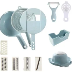 11 In 1 Küchenzubehör Mandolinenhobel Gemüsehobel Kartoffelschäler Karotte Zwiebelreibe Mit Sieb Gemüseschneider(BLAU)