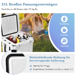 COSTWAY 31L Kühlbox Strapazierfähig Kühler Mit Korb & Getränkehalter Griffen & Fischlineal Eiskühler Tragbar Kälte Bis 9 Tage Weiß -Leonardo Verkäufe e201691cc09fe9294a45772a9713c5b2