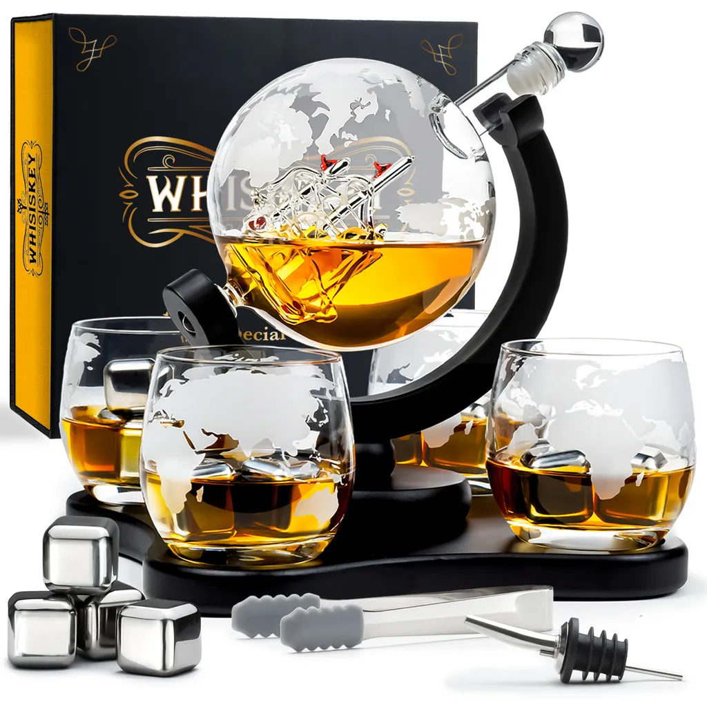 Whisiskey - Whisky Karaffe - Geschenke Für Männer - Komplette Whiskey Set - Globus - 900ML – Inkl. 4 Whisky Steine, 4 Whisky Gläser & Ausgießer - Whisky Dekanter – Whiskygläser - Natursteine 1 Whisiskey - Whisky Karaffe - Geschenke Für Männer - Komplette Whiskey Set - Globus - 900ML – Inkl. 4 Whisky Steine, 4 Whisky Gläser & Ausgießer - Whisky Dekanter – Whiskygläser - Natursteine