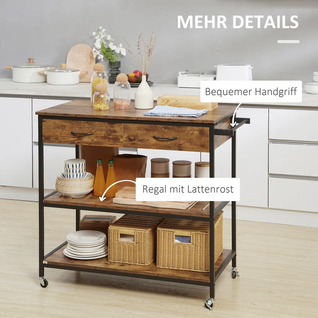 HOMCOM Küchenwagen Auf Rollen, Servierwagen Mit 2 Schubladen Und 2 Regalen, Küchentrolley Mit Arbeitsplatte, Rollwagen, Beistellwagen Im Industriedesign, Braun+Schwarz, 100 X 50 X 93 Cm 6 HOMCOM Küchenwagen Auf Rollen, Servierwagen Mit 2 Schubladen Und 2 Regalen, Küchentrolley Mit Arbeitsplatte, Rollwagen, Beistellwagen Im Industriedesign, Braun+Schwarz, 100 X 50 X 93 Cm – Bild 6